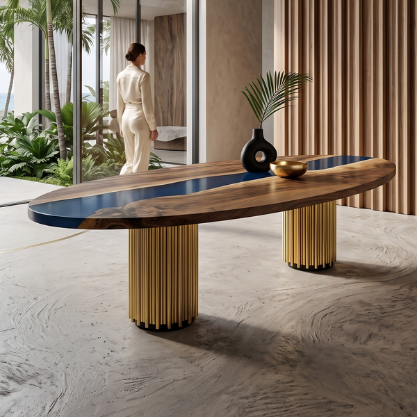 Evohe Blue River Walnut Wood Ellipse Dining Table