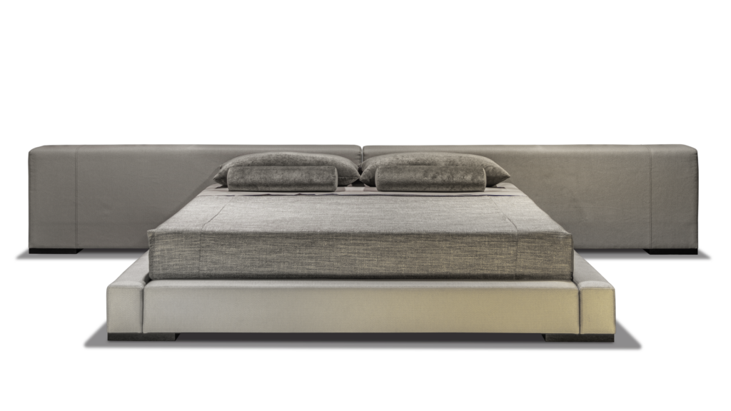 Modern Hollywood Bed with integrated headboard and gray bedding for stylish comfort