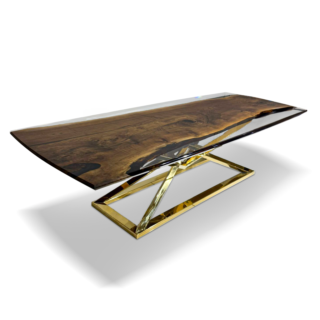 Abruzzo Walnut Dining Table with live-edge wood, clear resin top, and gold-finish base