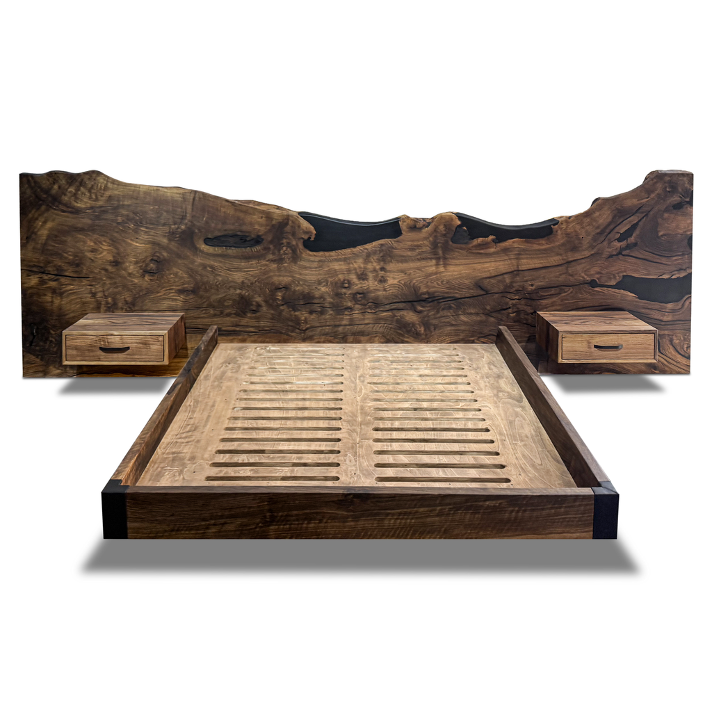 Olympus King Size Walnut Bed with live-edge wood frame, natural headboard, dark resin inlays
