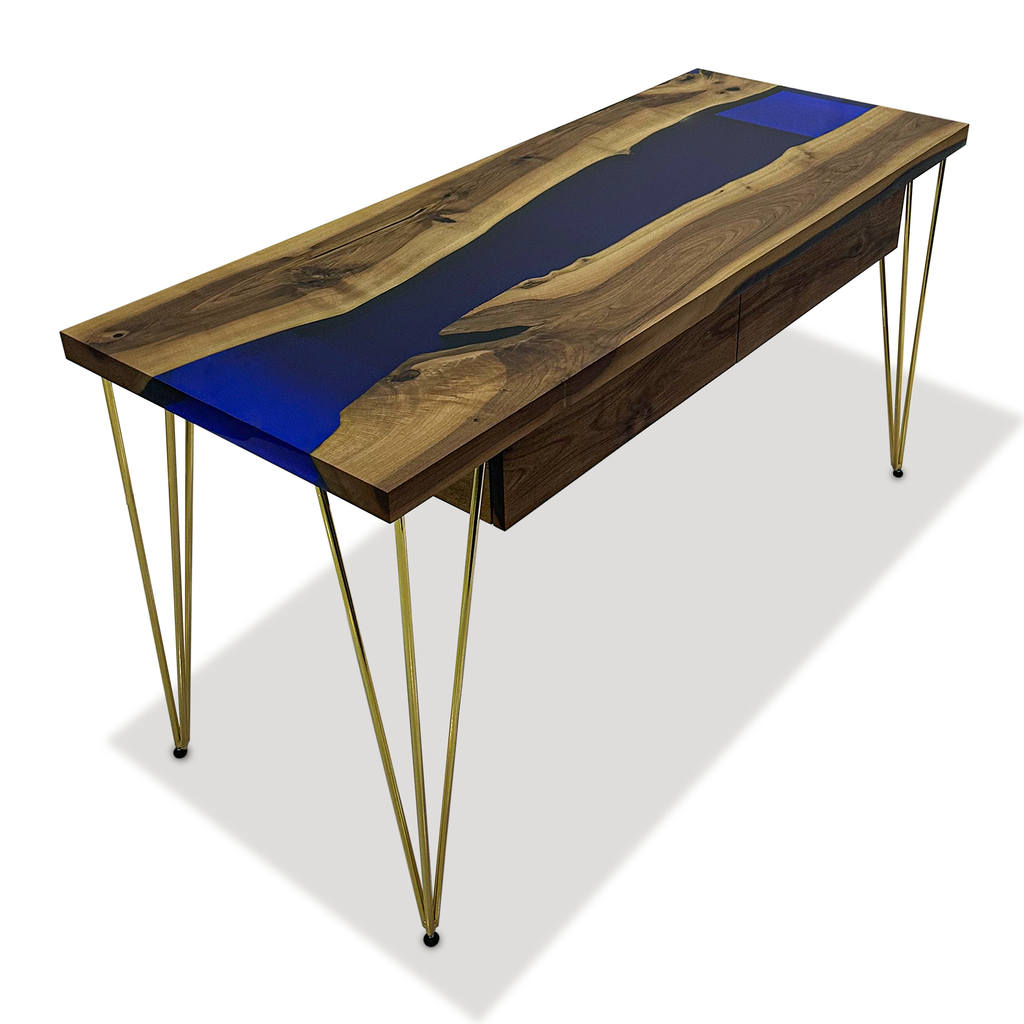 Navy Blue Brontes Walnut Wood River Desk - ARDITI COLLECTION®