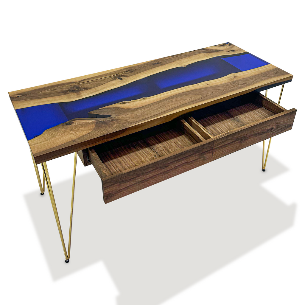 Navy Blue Brontes Walnut Wood River Desk - ARDITI COLLECTION®