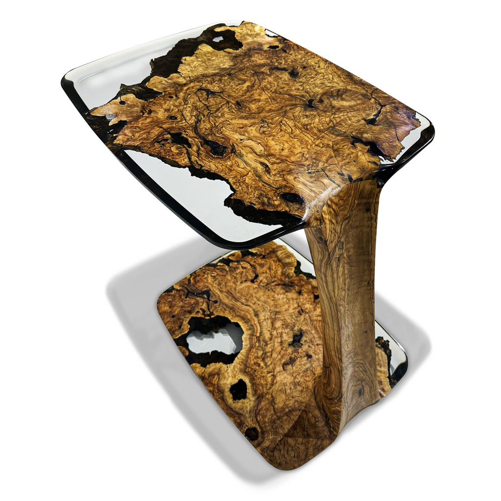 Modern Serrate Side Table made of burled wood and clear resin with C-shape design