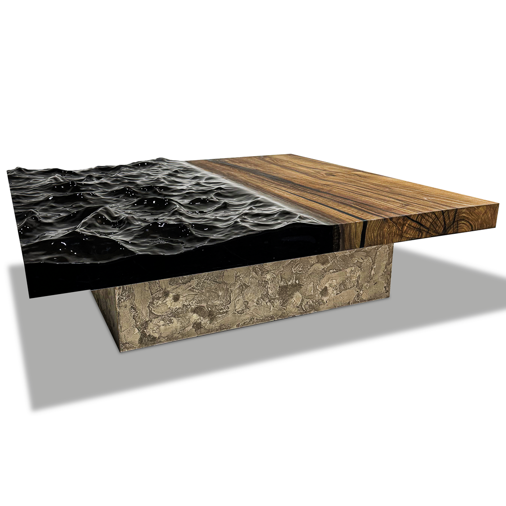 Eurybia Square Walnut Wood Coffee Table with live-edge walnut and black resin rippling water design