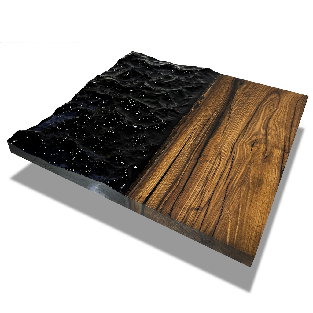 Eurybia Square Walnut Coffee Table with unique wooden slab and black resin ocean inlay