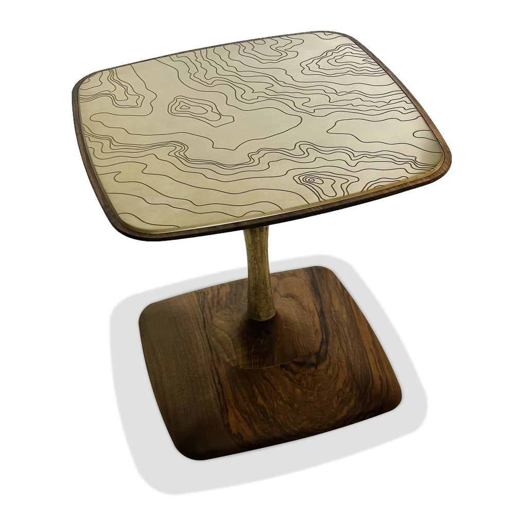 Gaia Side Table with square top, rounded corners, metal resin surface, wooden pedestal