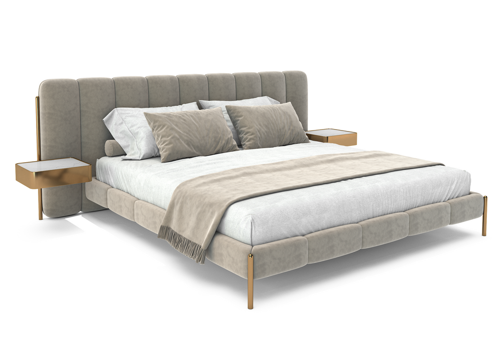 Auralis Bed with light gray upholstery, tall channeled headboard, and floating light wood nightstands