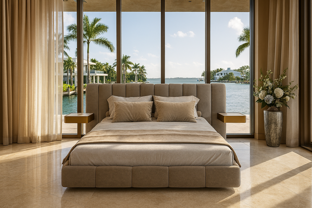 Auralis Bed with contemporary upholstered design, tall fluted headboard, and floating nightstands