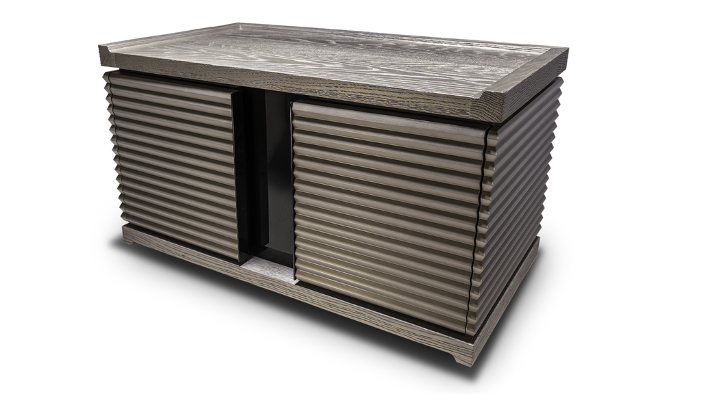 Gray wooden Isabella Nightstand with horizontal slat doors and textured top design