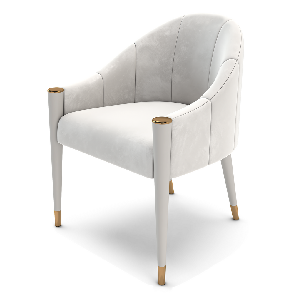 Theia Dining Chair with white velvet upholstery and gold accents for elegant dining
