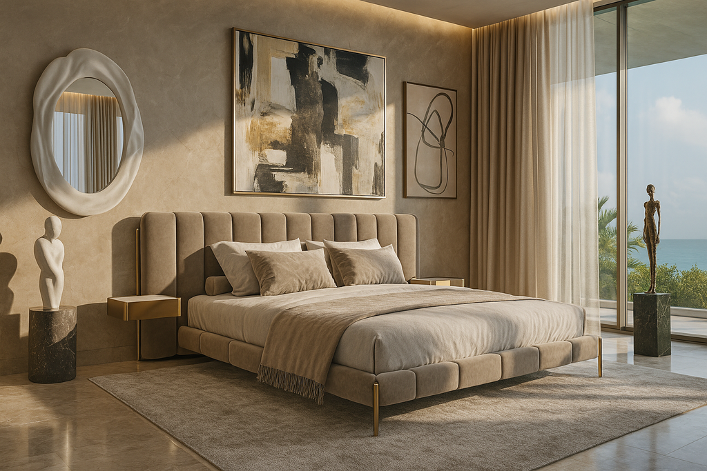 Luxurious contemporary Auralis Bed with plush upholstered channel-tufted headboard