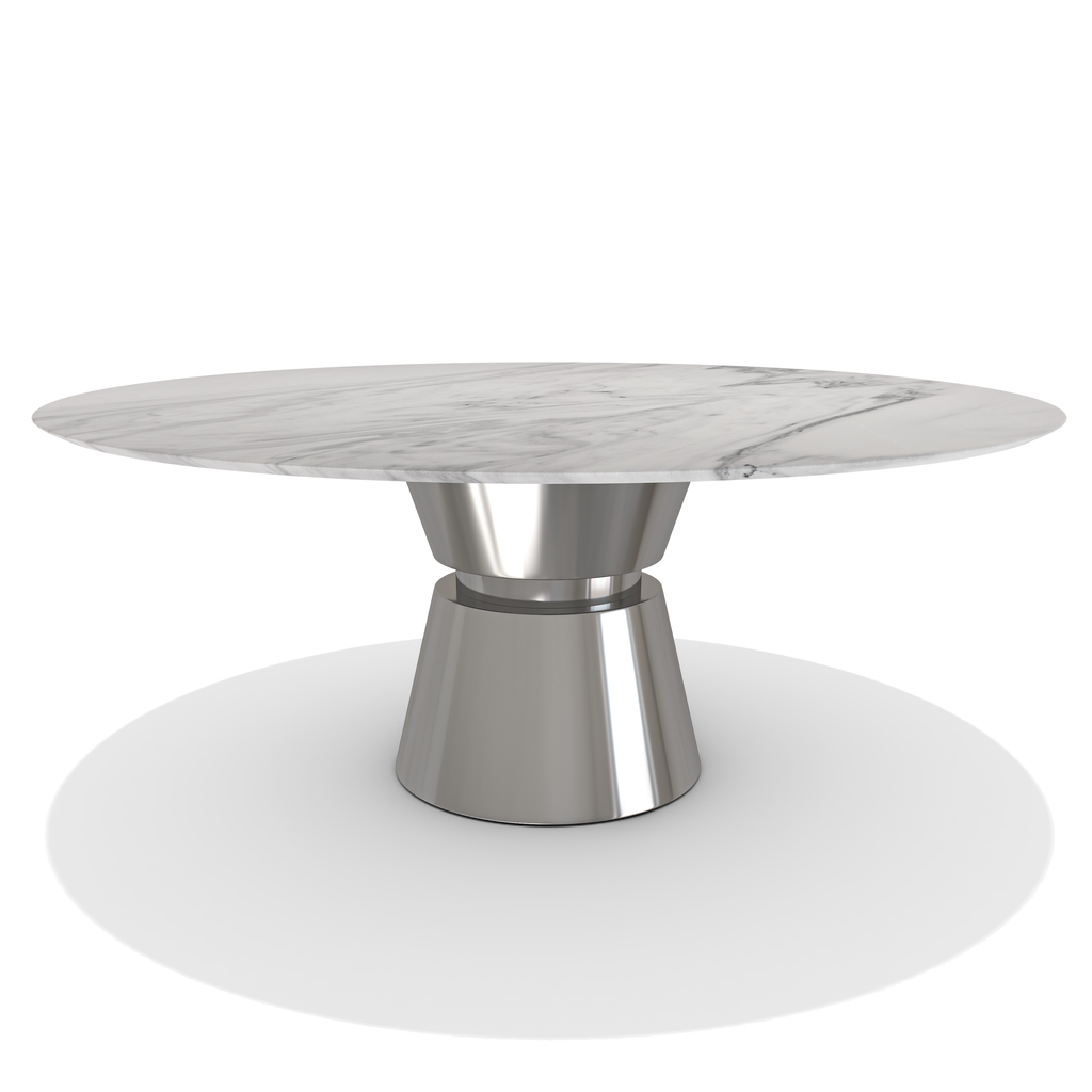 Chrome Lunara Metal Resin Round Dining Table with marble top and polished metal pedestal