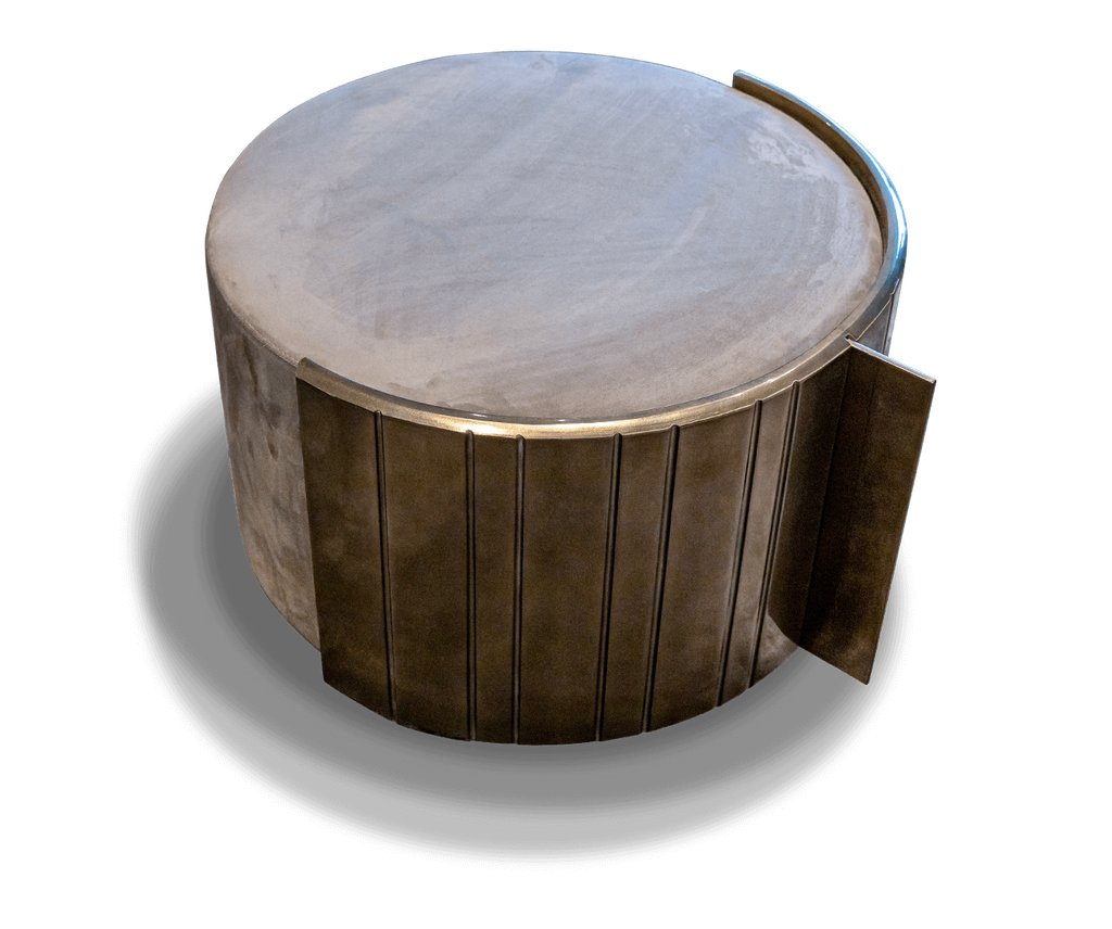 Mons Stool round metallic coffee table with light top and vertical slat sides