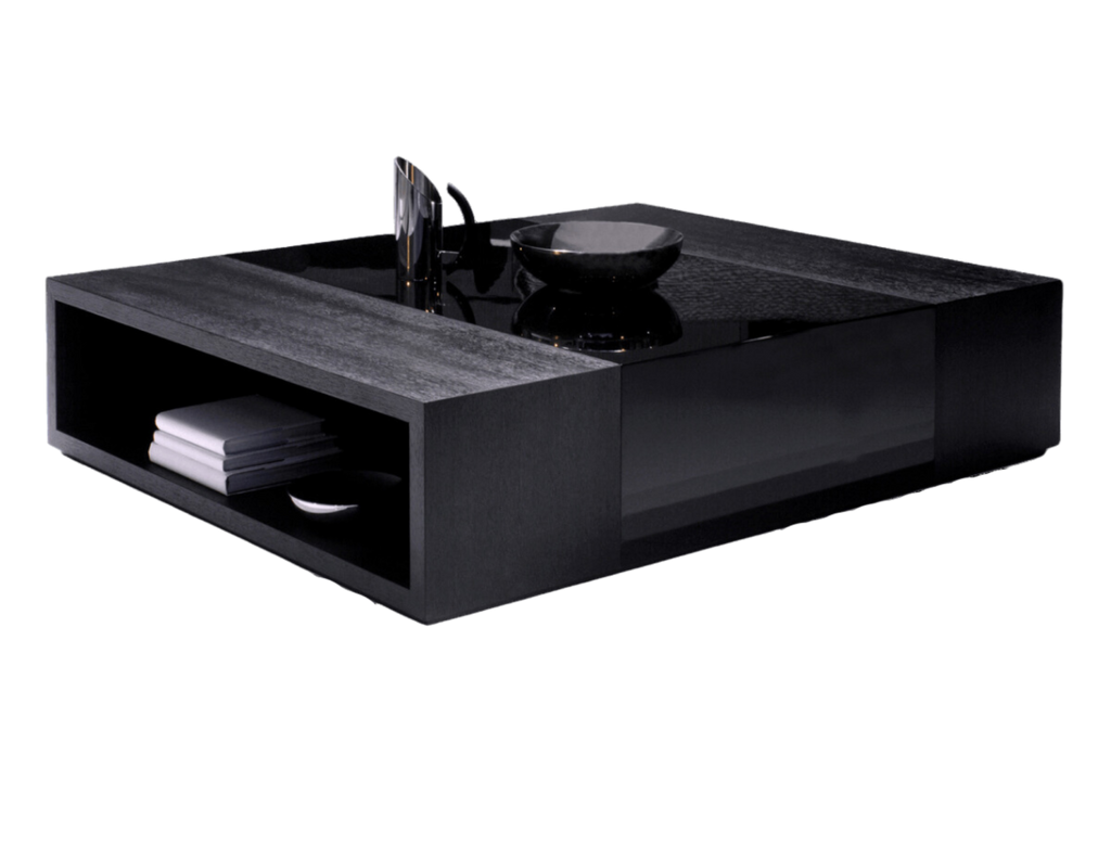 Marseille Table black square coffee table with glass top open storage textured wood
