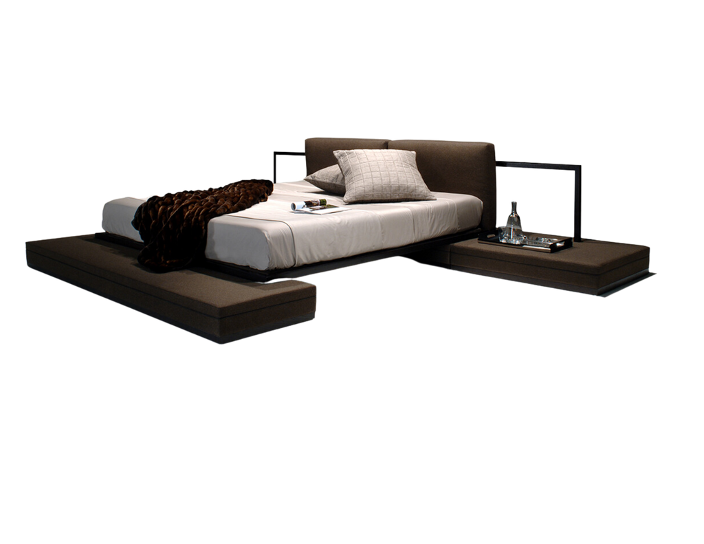 Modern Milan Bed with brown frame, light bedding, dark throw, and integrated side tables