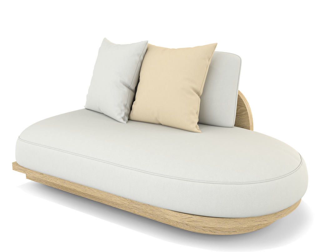 Modern light-colored chaise lounge with wooden base and accent pillows from Arditi Collection® Alkandros Sectional Outdoor Set