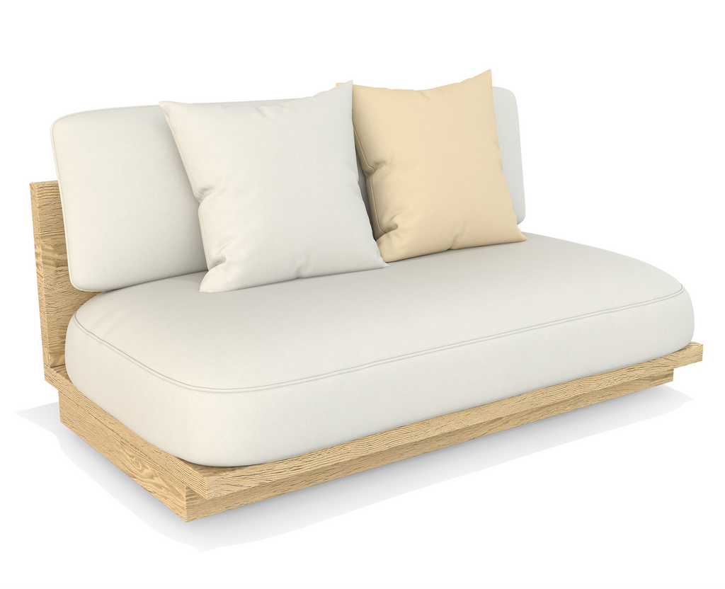 Light wood frame loveseat with cream cushions and decorative pillows from Arditi Collection® Alkandros Sectional Outdoor Set