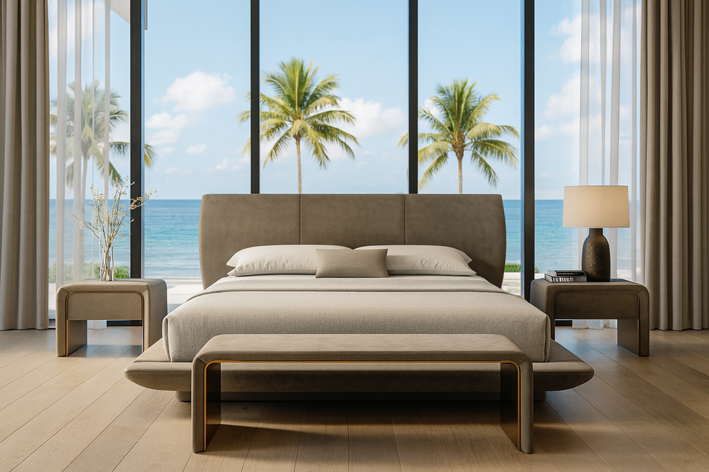 Modern bedroom set with beige upholstery material and Oneiros Bed with matching nightstands