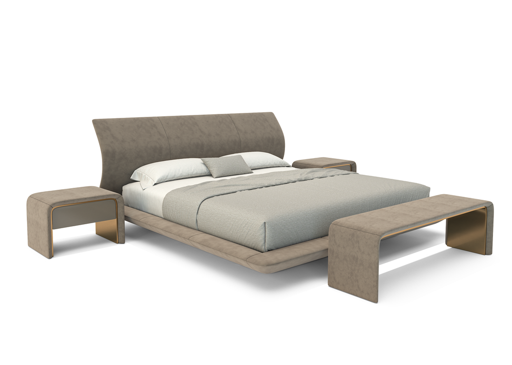 Modern upholstered Oneiros Bed with curved headboard, matching nightstands, and foot bench