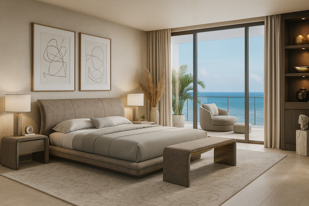 Oneiros Bed with plush upholstery material in a modern bedroom overlooking the ocean