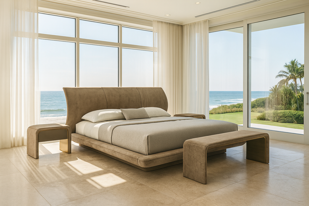 Modern upholstered Oneiros Bed with curved headboard, matching side tables and bench