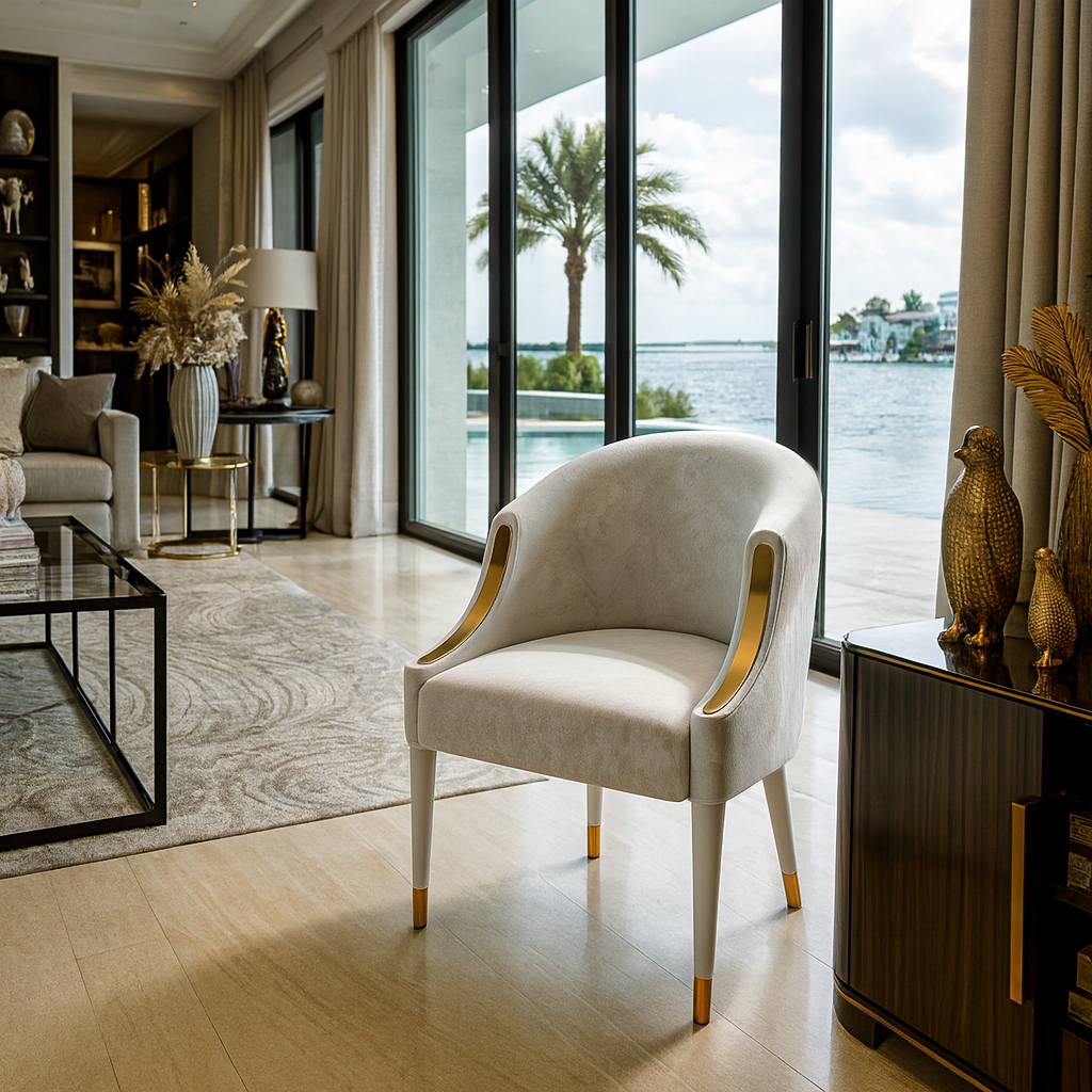 Elegant light-colored Hestia Dining Chair with gold accents and plush upholstery material