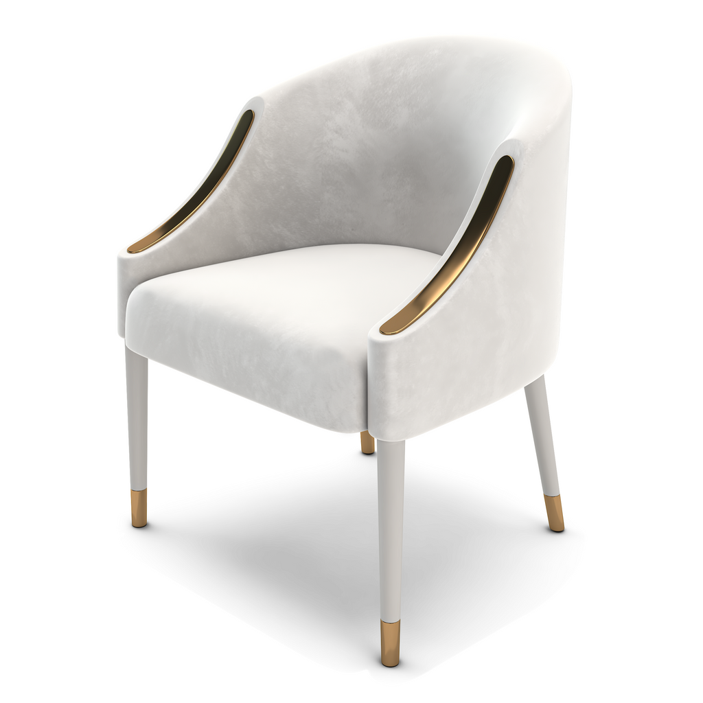 Hestia Dining Chair with white velvet upholstery and gold armrest accents