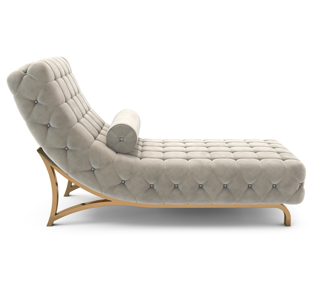 Adonia Chaise Longue with tufted beige velvet upholstery and gold-finished curved base