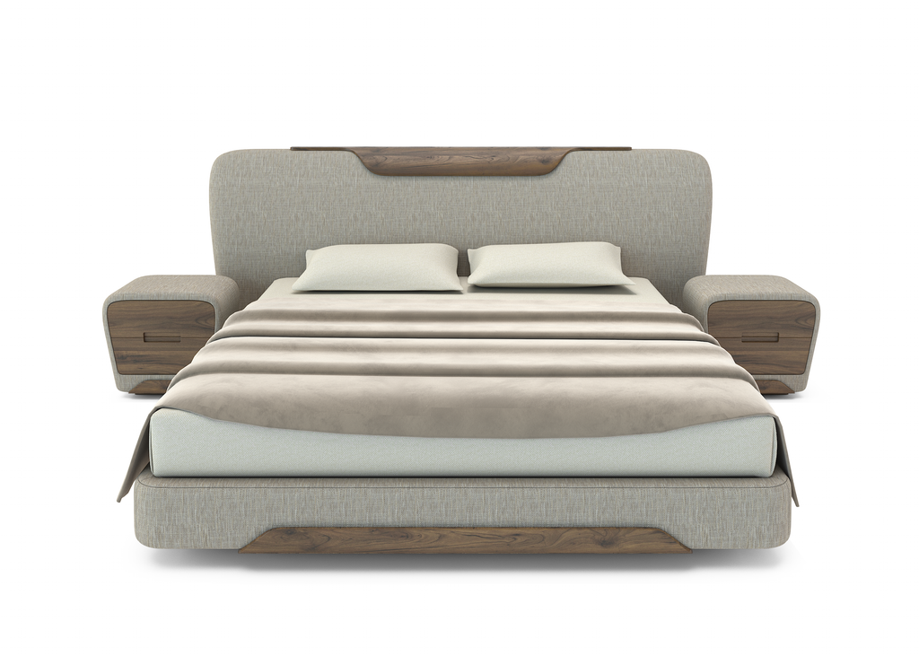 Upholstered Calindra Bed with wooden headboard accent and matching nightstands