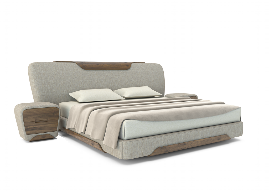 Modern upholstered Calindra Bed with curved headboard and wooden nightstand