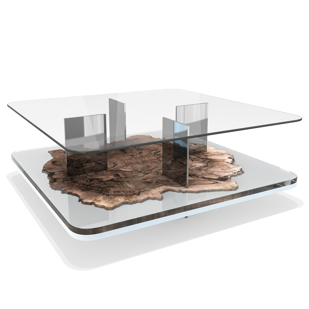 Pandion Walnut Wood Square Coffee Table with glass top and resin bottom layer