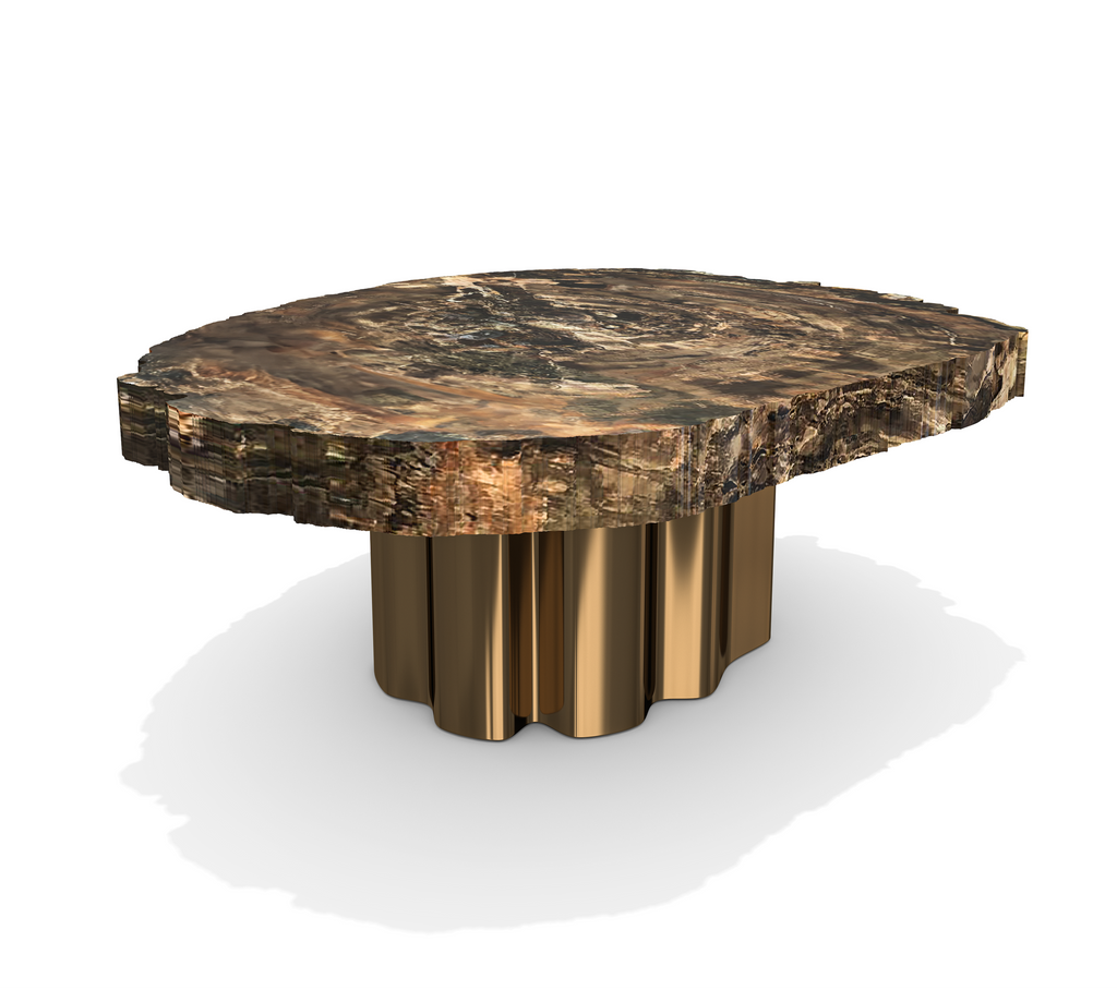 Echidna Petrified Wood Coffee Table with live-edge wooden top and fluted metal base