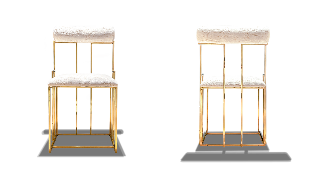 Reims Chair with two modern gold and white bar stools featuring plush seats