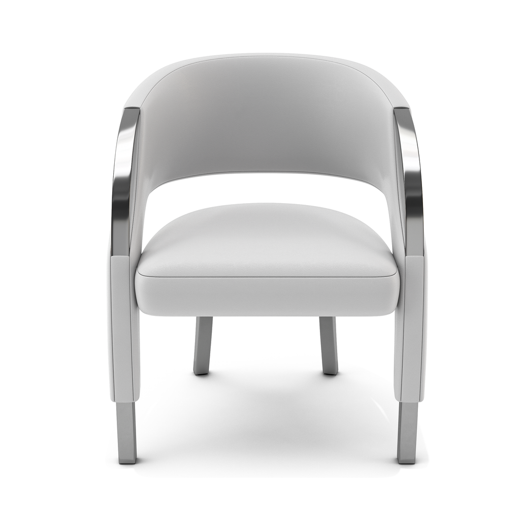 White Metis Dining Chair with modern white upholstery and polished chrome legs