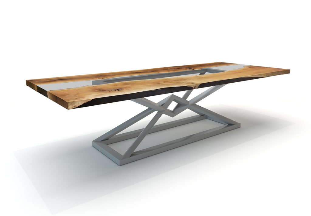 Abruzzo Walnut Dining Table with glossy metal base and live-edge walnut top