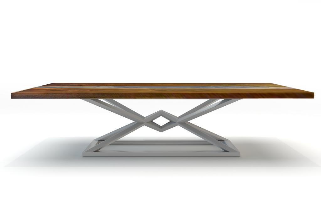 Abruzzo Walnut Dining Table with glossy crisscross metal base and wooden surface