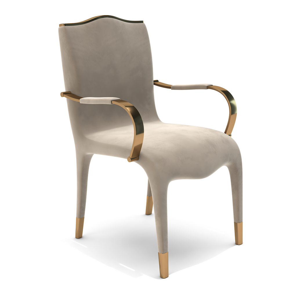 Elyas Dining Chair with cream-colored upholstery, curved back, gold armrests and legs
