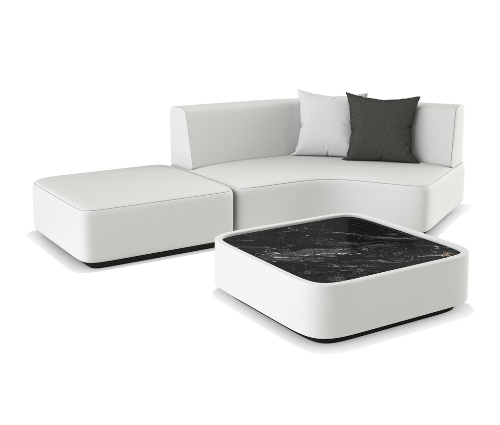 Modern white Orpheus Sectional Outdoor Set with chaise lounge and black marble coffee table
