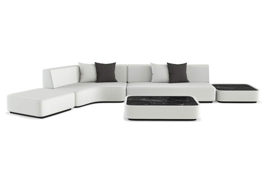 Arditi Collection Orpheus Sectional Outdoor Set with white modular sofa and black marble tables