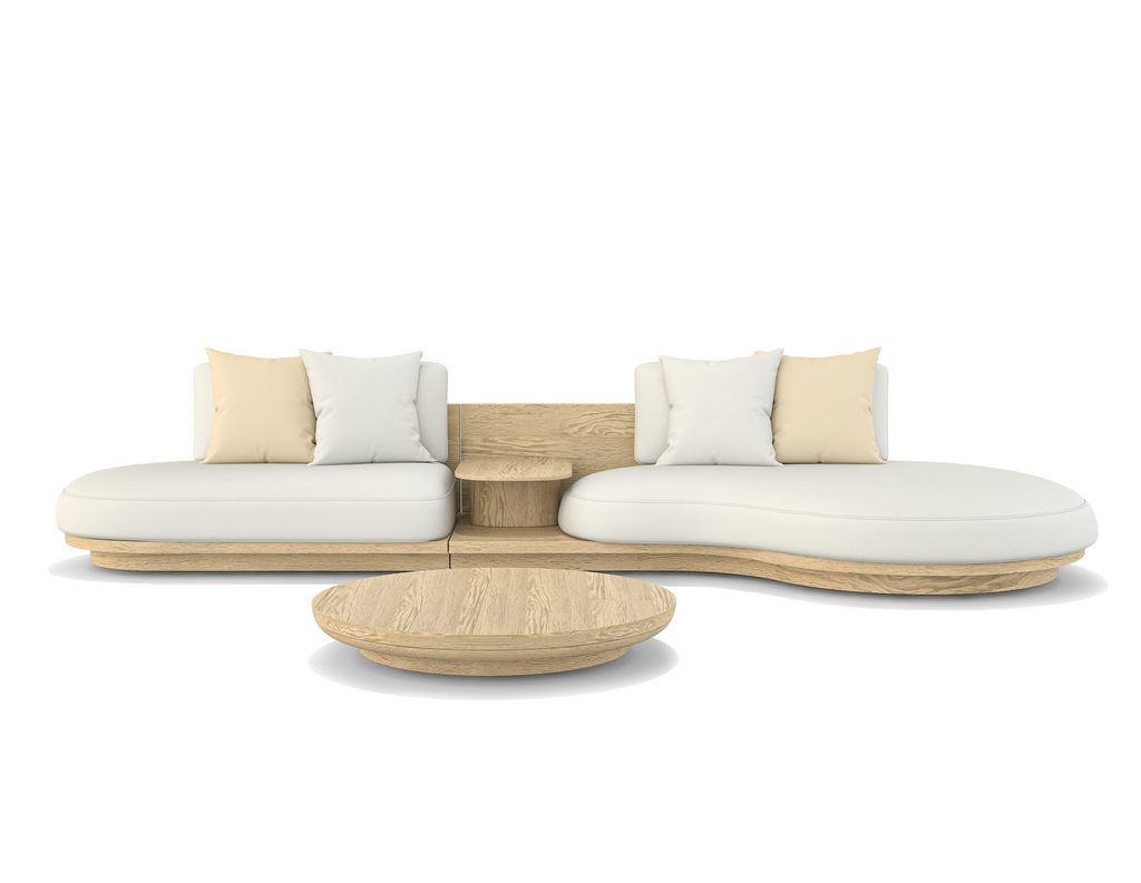 Arditi Collection Alkandros Sectional Outdoor Set with light wood base and white cushions