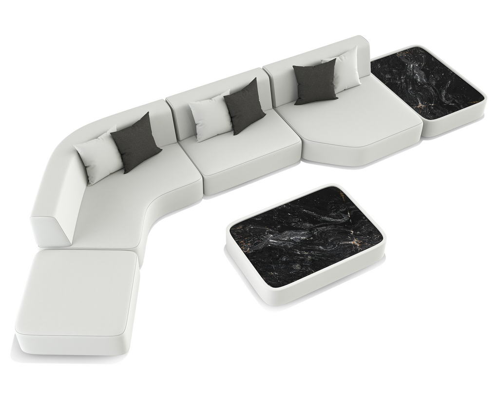 Orpheus Sectional Outdoor Set from Arditi Collection with white cushions and black marble side tables