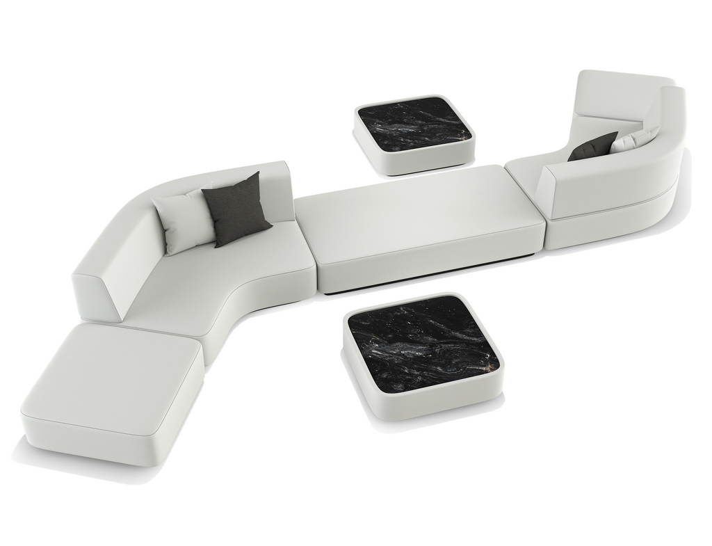 Orpheus Sectional Outdoor Set from Arditi Collection® with white leather sofa and black marble tables