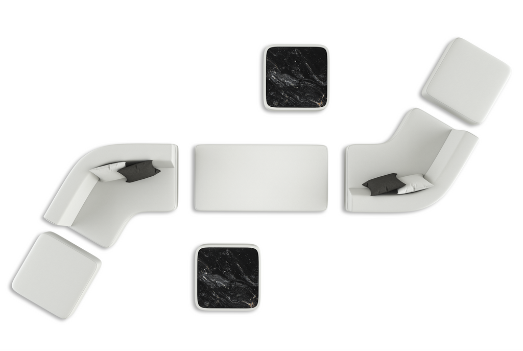Arditi Collection Orpheus Sectional Outdoor Set with white modular sofa and black marble tables