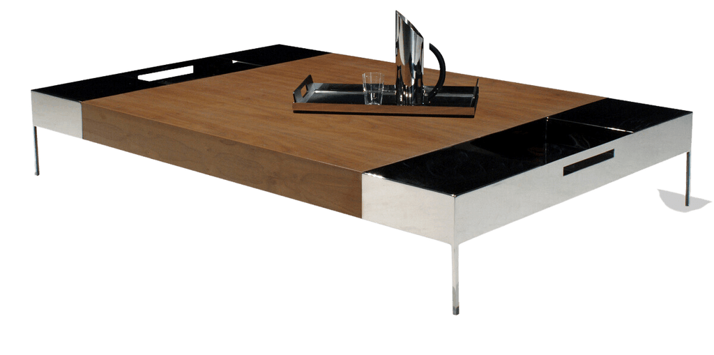 Shanghai Table coffee table with wooden top black inlays chrome legs and serving tray