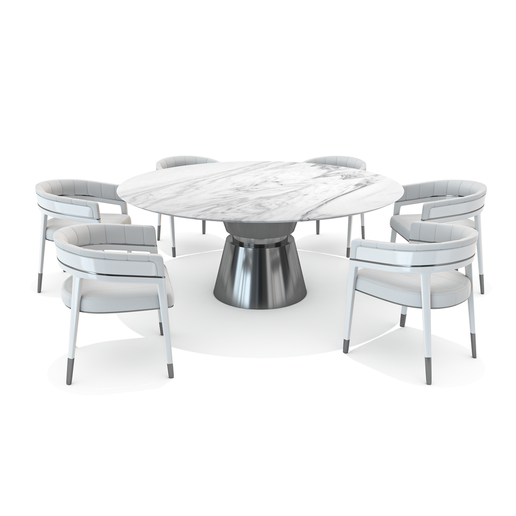 White Callista dining chair around a white marble dining table with a polished metal base