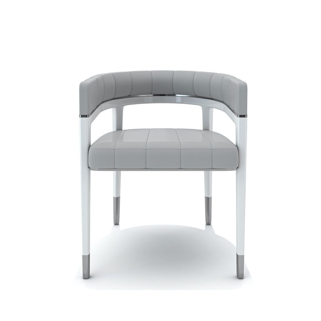 Gray Callista Dining Chair with tufted seat, curved backrest, white wood frame, chrome accents