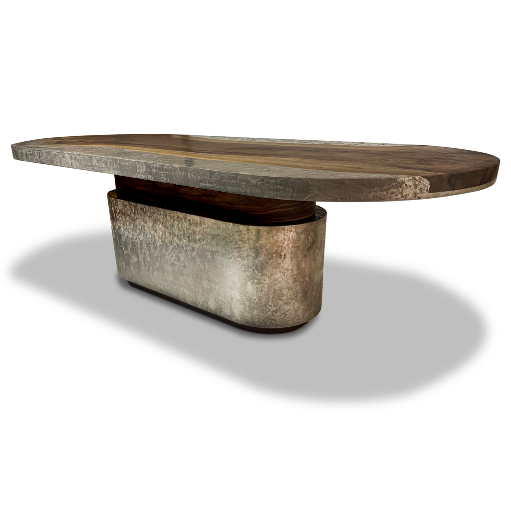 Eleadora Metal Resin Oval Dining Table with textured metal base and distressed wood top