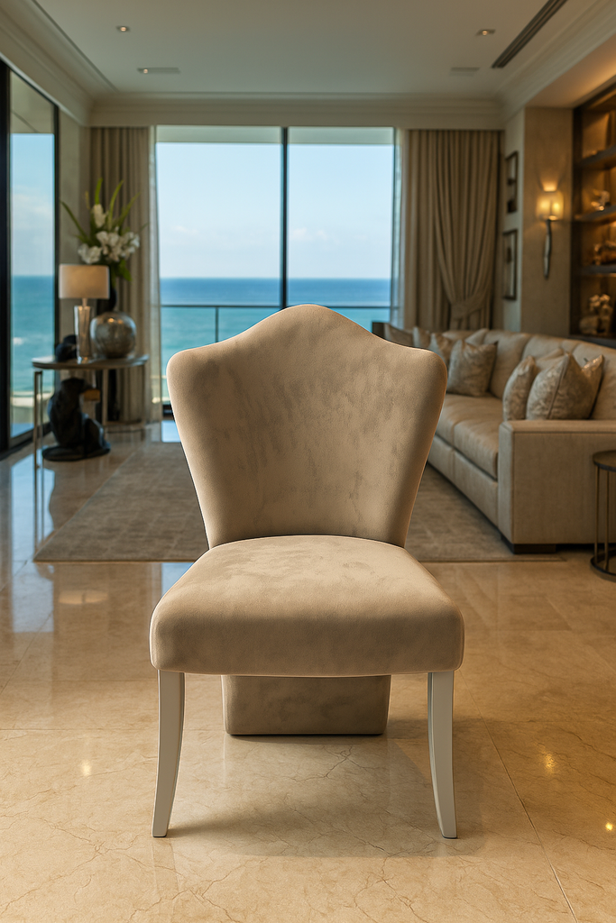 Themis Armless Dining Chair with beige velvet upholstery and white wooden legs