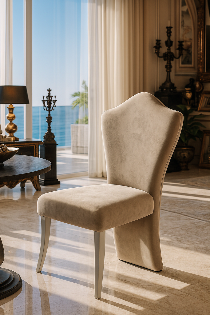 Elegant beige velvet upholstery material on Themis Armless Dining Chair with stylish legs