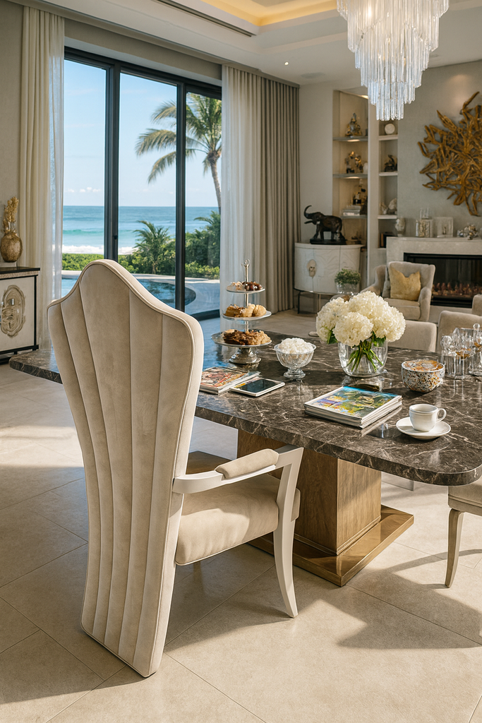 Themis Dining Chair with high-backed shell design and plush upholstery material